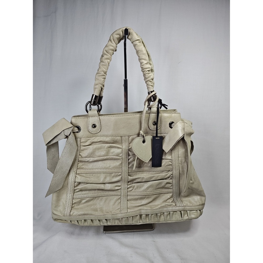 NWT Bebe Jagger Ivory Cowhide Leather Ruched Bow Tote Shoulder Bag Purse Handbag
